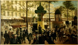 Skissa för ett panorama över Boulevard Montmartre animerar samtida parisiska personligheter av Andre Gill