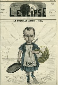 Det nya året, illustration av en liten flicka som håller en spis och en korg med ägg. Omslag i "" L