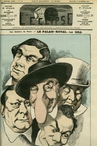 Teatern "" Le Palais royal"" med Geoffroy, Jules Brasseur (1829-1890), Hyacinthe, Lassouche och Lheritier, franska skådespelare. Omslag i "" L