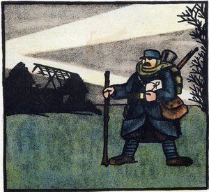 Första världskriget 1914-1918 (14-18): Hårig. Porträtt av fransk armésoldat i militäruniform med ryggsäck, väska och gevär. Gravyr i "Alfabetet från första världskriget 1914-1916 (för våra soldaters barn)". Utgåvorna Berger-Levrault av Andre Helle