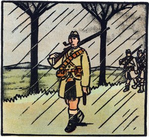 Första världskriget 1914-1918 (14-18): Highlander. Soldaterna från Skottland kom för att hjälpa den franska armén. Deras militäruniform består av en kilt. Gravyr i "Alfabetet från det stora kriget 1914-1916 (för våra soldaters barn)". Editions Berger-L