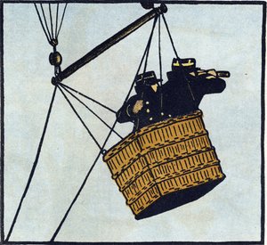 Första världskriget 1914-1918 (14-18): Observatörer (observationspost) från franska armén i en fångenskapsballong försöker upptäcka fienden. Gravyr i "Alfabetet från det stora kriget 1914-1916 (för våra soldaters barn)". Utgåvor Berger-Levrault av Andre Helle
