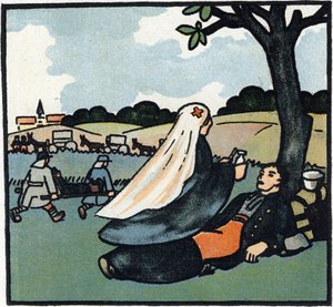 Första världskriget 1914-1918 (14-18): Röda Korsets sjuksköterska kommer för att vårda soldater ända bort till slagfälten. Gravyr i "Alfabetet från det stora kriget 1914-1916 (för våra soldaters barn)". Editions Berger-Levrault av Andre Helle