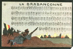 Vykort, satiriskt i färger, ca 1915: La brabanconne - Kriget 14-18, Belgien, Chant - Soldater Illustration av Andre Helle (1875-1945) av Andre Helle