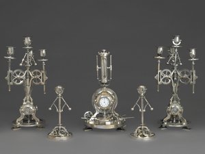 Klocka, del av en femdelad klocka, ca 1880 (försilvrad brons, glas, papper) av Andre Romain Guilmet