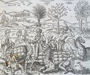 Arabiska köpmän i Syrien, gravyr från Universal Cosmology, av Andre Thevet (1504-1592)