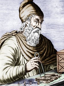 Archimede (287-212 avJC), grekisk siciliansk fysiker och matematiker, graverar färgat dokument av Andre Thevet