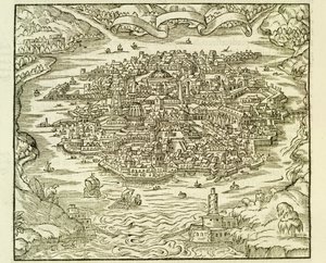 Staden Quinsai (nu Tianjin), gravyr från La Cosmographie Universelle (Universal Cosmography) av Andre Thevet