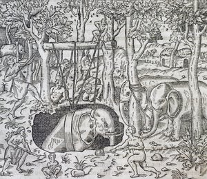 Elefantjakt på ön Java, gravyr från Universal Cosmology, av Andre Thevet (1504-1592), Paris av Andre Thevet