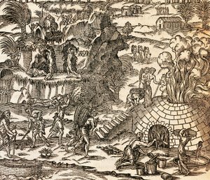 Indiska slavar som arbetar i gruvan på Kuba, Illustration från Cosmography av Andre Thevet, gravyr av Andre Thevet