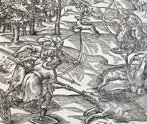 Indianers galtjakt, gravyr från Universal Cosmology, av Andre Thevet (1504-1592), Paris av Andre Thevet