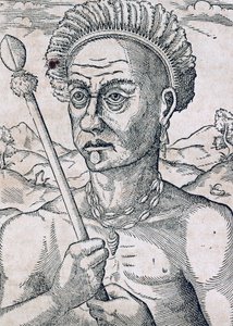 King Quoniambec, Brasilien, gravyr från Universal Cosmology, av Andre Thevet (1504-1592), Paris av Andre Thevet