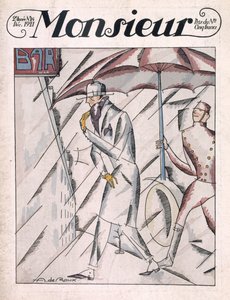 Man i regnrock, främre omslaget till tidningen "Monsieur", nummer 24, pub. December 1921 (pochoirtryck) av Andre de Roux