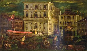 Ombordstigning av Dogaressa Morosina Morosini Grimani 4 maj 1597, Venedig, ca 1600 (olja på duk)
