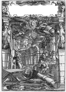 Plåt hämtad från boken "" De architectura"", behandlar arkitekturen av Marcus Vitrubius Pollio dit Vitruvio (1:a århundradet f.Kr.), romersk arkitekt. Italiensk upplaga av 1556. Gravyr efter teckning av Palladio. av Andrea (after) Palladio