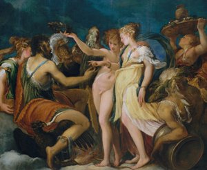 Amors och Psyches äktenskap, ca 1550 (olja på trä, överförd till Masonite) av Andrea Schiavone