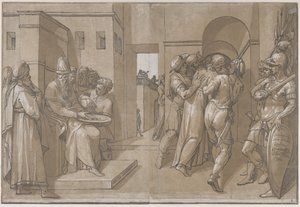 Pilatus till vänster tvättar händernas vänstra sida av arket, 1585. av Andrea Andreani