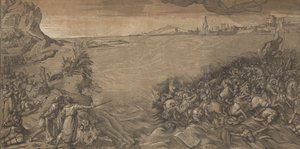 Korsningen av Röda havet, Moses står till vänster och pekar på armén som är under vatten..., 1589. av Andrea Andreani