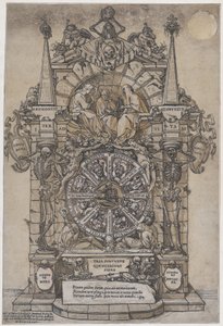 Dödens triumf med tre öden i en arkitektonisk ram ovanför ett lyckohjul flank..., 1588. av Andrea Andreani