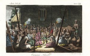 Hinduisk brahmin vigselceremoni eller Bibaha som hålls i hustruns hus. Handfärgad kopparplåt tecknad och graverad av Andrea Bernieri efter Francois Solvyns från Giulio Ferrarios antika och moderna dräkter av alla världens folk, Florens, Italien av Andrea Bernieri