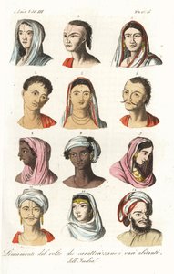 Porträtt av olika indiska kaster: Brahminer 1.2, Kshatriyas eller Khatri, Punjabi merkantila kast 3.4, Vaisyas 5.6, Sudras 7.8, Hinduer från Övre Indien 9,10 och Mughals 11,12. Handkolorerad kopparstick av Andrea Bernieri efter François Solvyns fro av Andrea Bernieri