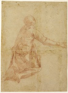 Knästående figur bakifrån (recto); Tre halvlånga studier av beslöjad kvinnlig figur (verso)