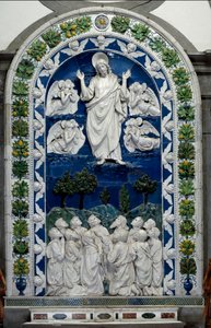 Jesu himmelsfärd till himlen med Our Lady and Eleven Apoles Low Ceramic Relief av Andrea della Robbia (1435-1525) ca 1490 Dim. 475 x 305 cm Santuario della Verna, Italien