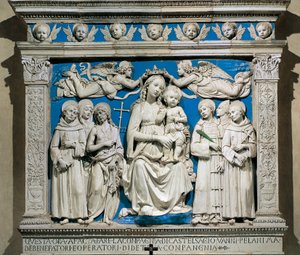 Madonna och barn med heliga, av Andrea della Robbia (1435-1525), glaserat lergods, Medici Chapel, Church of Santa Croce, Florens, Italien