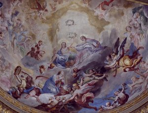 Coronation of Virgin, fresk målad 1699 av Andrea Lanzani (1641-1712) från choir of Sanctuary Of Incoronata, Lodi. Italien av Andrea Lanzani
