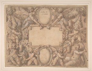 En kartusch och två sköldar omgivna av allegoriska figurer., 1570-1631. av Andrea Lilli
