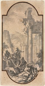 Figurer nära ruinerna av ett korintiskt tempel recto, fragment av en båge spårning från recto ver