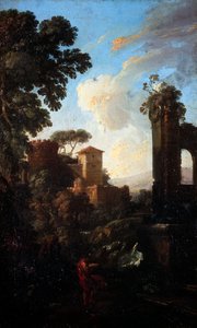 Landskap med ruiner och målare, av Andrea Locatelli (1695-1741), olja på duk, 41x25 cm.