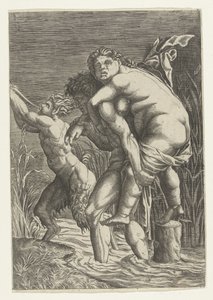 Man bär kvinna på ryggen och en satyr