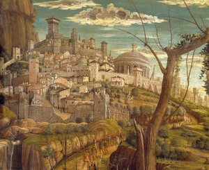 Agony in Garden av Andrea Mantegna (1431-1506), tempera på trä, 71x94 cm, detaljvy av Jerusalem av Andrea Mantegna