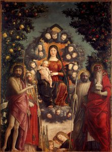 Altartavla Trivulzio "" Det heliga samtalet"" Jungfrun och Jesus Kristus representerade i en mandorla. De är omgivna av Johannes Döparen, påven Saint Gregoire I den store (540-604), Saint Hieronymus (som bär en kyrka och böcker), Saint Benedict (dre) av Andrea Mantegna