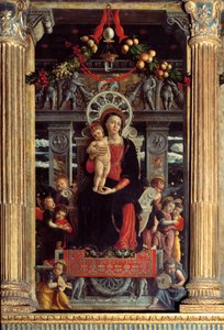 Altartavla av san Zeno: centralpanel "" Madonna ett barn med nio änglar"" Målning av Andrea Mantegna (1431-1506) 1457-1459 Verone, Basilica di San Zeno, Italien av Andrea Mantegna