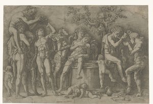 Bacchanal med satyrer och bacchanter vid vinpress av Andrea Mantegna