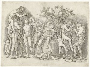Bacchanal med satyrer och bacchanter vid vinpress av Andrea Mantegna