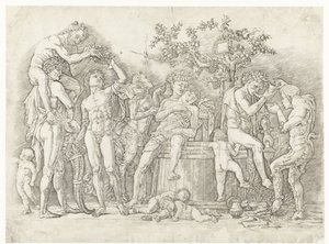 Bacchanal med satyrer och bacchanter vid vinpress av Andrea Mantegna
