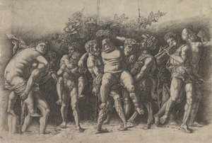 Bacchanal with Silenus, en friskomposition med tio figurer runt Silenus som är..., tidigt 1470-tal. av Andrea Mantegna