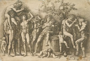 Bacchanal with a Wine Vat, c.1470-90 (gravyr och torrnål) av Andrea Mantegna