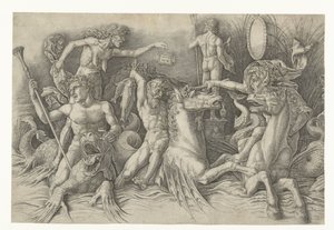 Battle of the Sea Gods, med Envy (Invidia) till vänster Strid mellan satyrer som rider på hippocampi och gammal kvinna som personifiering av avundsjuka som står på ryggen av draken Battle of Sea Gods av Andrea Mantegna