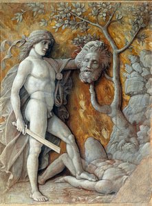 David Holding Goliaths huvudmålning av Andrea Mantegna (1431-1506) 1490 sön. 36x48,5 cm Wien, Kunsthistorisches Museum
