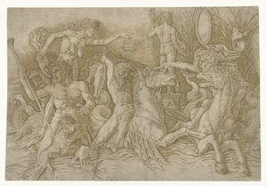 Strid mellan satyrer som rider på hippocampi och gammal kvinna som personifiering av avundsjuka som står på ryggen av draken Battle of Sea Gods av Andrea Mantegna