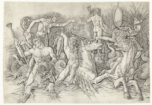 Kamp mellan satyrer som rider på hippocampi och en gammal kvinna som personifiering av avundsjuka som står på drakryggen Slaget om havsgudarna av Andrea Mantegna