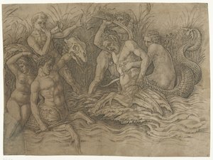 Strid mellan tritoner med nereider på ryggen Battle of Sea Gods av Andrea Mantegna