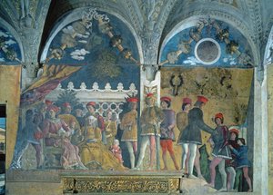 Marchese Ludovico Gonzaga III, hans hustru Barbara av Brandenburg, deras barn, hovmän och deras hund Rubino, från Camera degli Sposi eller Camera Picta, 1465-74 av Andrea Mantegna