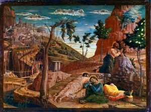 Bön i Olivträdgården Efter den sista måltiden går Kristus till Getsemanis berg, som dominerar Jerusalem med apostlarna. Romerska soldater närmar sig för att stoppa honom. Altartavla av San Zeno de Verona. Målning (tempera) på trä av Andrea Man av Andrea Mantegna
