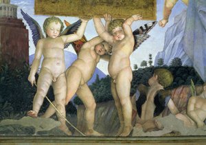 Putti med fjärilsvingar som stödjer den dedikerande plaketten, från Camera degli Sposi eller Camera Picta, 1465-74 freskdetalj av 78449