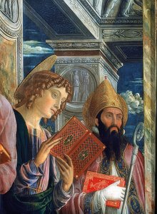 San Zeno altare. Detalj av vänster sida. 1457-1460. På bilden syns evangelisten Johannes och Zenon från Verona av Andrea Mantegna